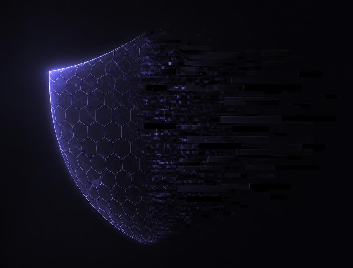 Abstract shield dissolving into redacted text blocks